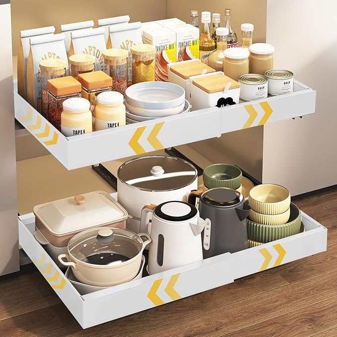 FILTA 2Pack Expandable Pull-Out Cabinet Organizer 21" Deep Slide Out Drawers, Upgrade 3 Slide Rails, Adjustable Width 12.4”-20.4”, With Screws and Nano Film Adhesive, White