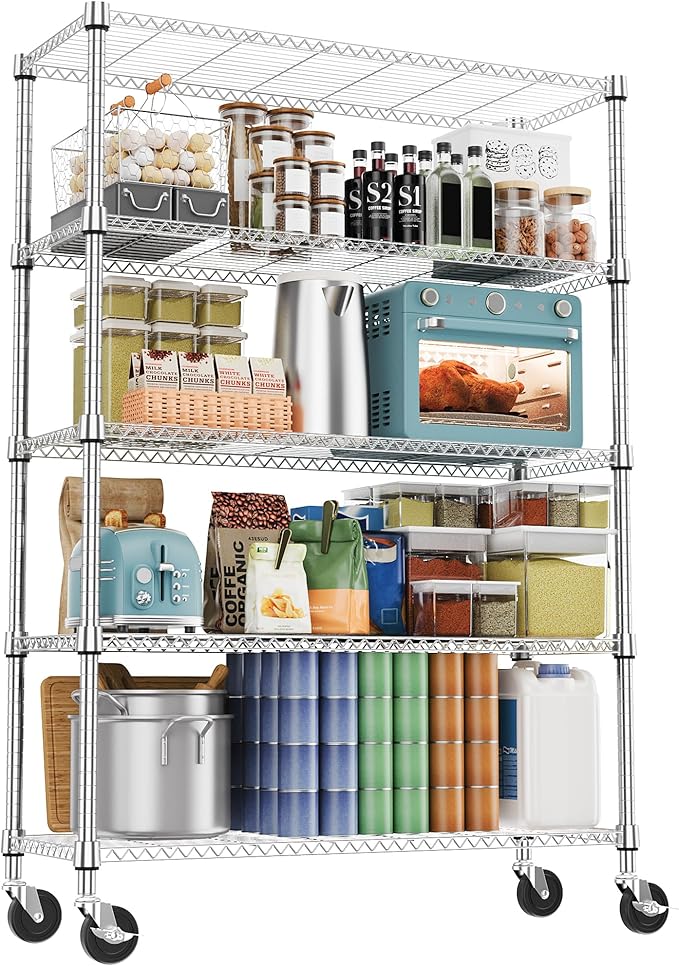 5 Tiers Shelf 1750 lbs Steel Storage Shelving Utility Shelving Unit Steel Organizer Wire Rack for Home,Kitchen,Office,Garage Chrome 17.7" D x 47.2" W x 76.8" H
