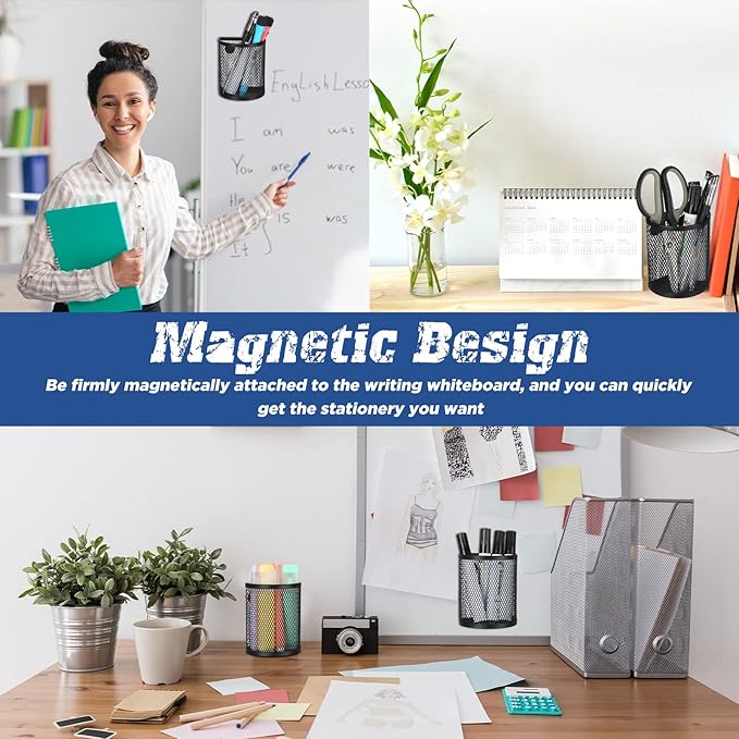 Glenmal 12 Pcs Black Magnetic Pen Pencil Holder with 3 Magnets Magnetic Marker Holder Storage Locker Accessories Desk Supplies for Pens, Pencils, Brushes for Home School Office, Black