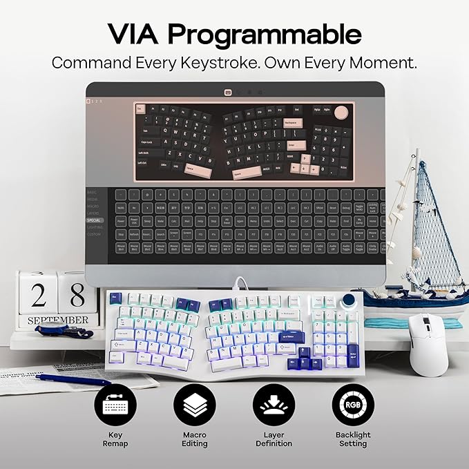 MechLands Feker Alice98 Ergonomic 98 Keys Custom Mechanical Keyboard, VIA Programmable, USB-C Wired Gaming Keyboard, Hot Swappable, 5 Layer Paddings, Control Knob, NKRO, RGB for Win/Mac (White)
