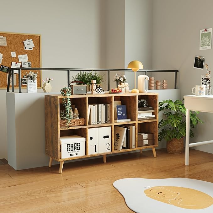8-Cube Bookshelf 2 Tier Retro Bookcase with Legs, 11in Shelf Opening, 47" Wood Bookshelves Storage Organizer Shelf, Freestanding Open Book Shelves for Bedroom Living Room Office, Rustic Brown