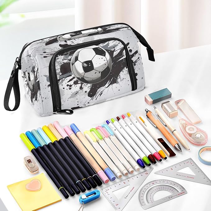 Soccer Pencil Case Pouch Big Capacity Pencil Bag Box Organizer Pen Case with Handle Stationery Organizer for Kids Boys Girls Women College Office