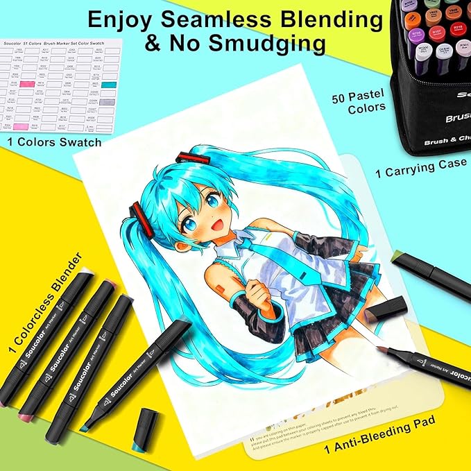 Soucolor 51 Colors Alcohol Markers Brush Tip, Dual Tip Brush & Chisel Alcohol-Based Art Markers, 50 Colors+1 Blender Drawing Coloring Art Supplies for Kids Artists Adults Teen Girl Gifts Trendy Stuff