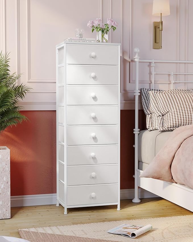 Crestlive Products Tall Dresser, 8-Drawer Fabirc Storage Tower, Chests of Drawers - Vertical Organizer Unit for Bedroom, Hallway, Entryway, Nursery, Closets - Steel Frame, Wood Top & Handles (White)