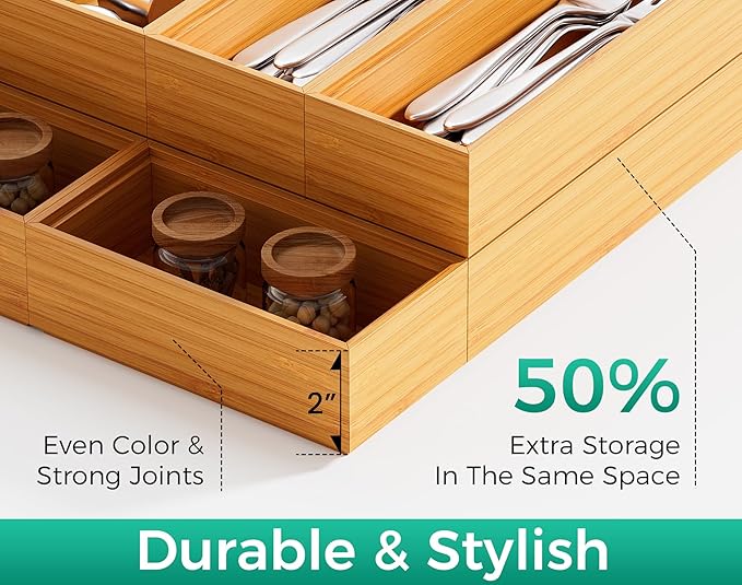 Long Bamboo Kitchen Drawer Organizer Boxes – 17" x 6" Stackable Wood Silverware Utensil Tray for Drawers Bins Cutlery & Flatware Storage – Wooden Pantry Organizers Set of 2 for Junk Drawer Bathroom Rv