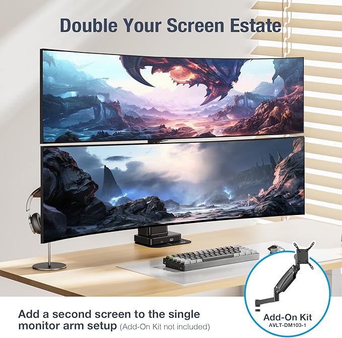 AVLT Single 57 Inch Heavy Duty Monitor Arm Pole Top Mount with USB-C USB-A Ports-Black, Height Adjustable, Easy Install Top C-Clamp/Grommet with Reinforcement Plates, VESA Compatible 200/100/75