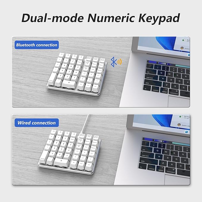 SurnQiee Left-Handed Mechanical Numeric Keypad, Hot-Swap LED Backlit Number Pad, Dual Mode USB C Keyboard, Expanded into a Left-Handed Keyboard (White)