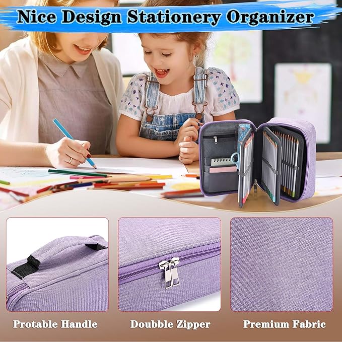 BTSKY® High Capacity Zipper Pens Pencil Case- Multi-Functional Stationery Pouch 72 Slots Colored Portable Pencil Bags With 2 Removable Sleeves(Purple)