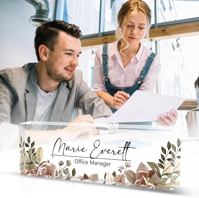 Custom Desk Name Plate, Personalized Acrylic Office Decor, Employee Appreciation Gifts for Boss, Manager, Teacher, Nurse (Threadlike Flower)