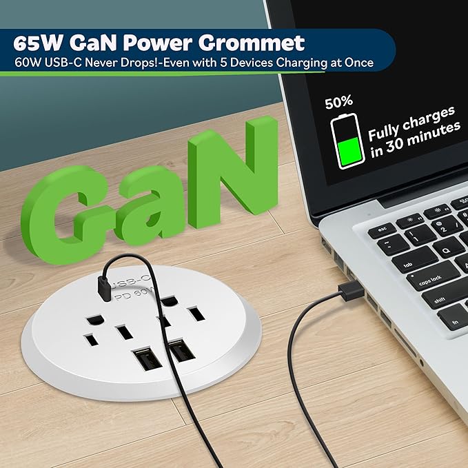 TOPGREENER Desktop Power Grommet With 65W PD Fast Charging USB C, GaN Desk for MacBook, 2 USB-A Ports and Duplex Receptacles, 3" Diameter, TTRP48APD60-W, White