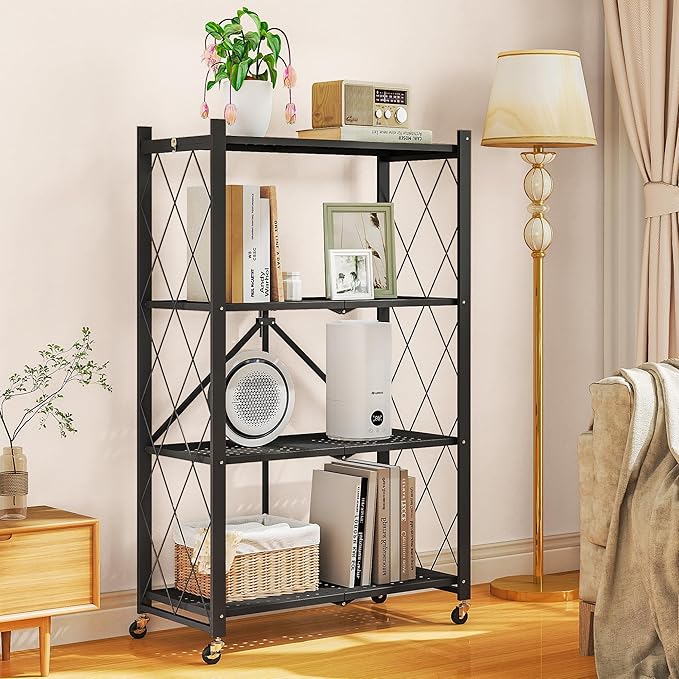 4-Tier Folding Metal Storage Shelf with Wheels, No Assembly Organizer Rack, Heavy Duty Collapsible Shelving Unit for Garage, Kitchen, Basement, Pantry, Living Room(New Upgrade - Black, 4 Tier)