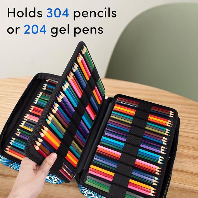 YOUSHARES 300 Slots Color Pencil Case - Pen Case Organizer with Handy Wrap & Zipper, Multilayer Holder for Prismacolor Colored Pencils & Gel Pen (Waves)