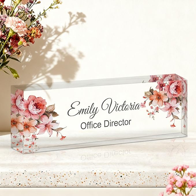 Ship Next Day-Custom Name Plate for Desk, Desk Name Plate Personalized, Acrylic Office Desk Accessories, Appreciation Gifts for Coworkers Employee Teachers Boss Women Men (Peony)