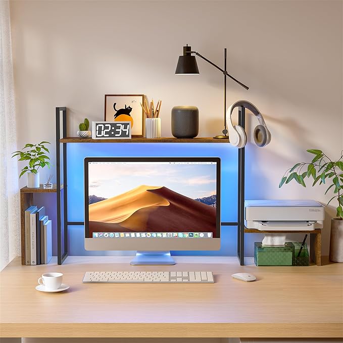 WelFurGeer LED Desk Shelf Organizer with RGB Light Strip, 2-Tier Desktop Shelf for Computer Monitor, Sturdy Metal Frame & Wood Shelves - Desk Hutch Bookshelf for Home Office, Dorm, Gaming (Brown)