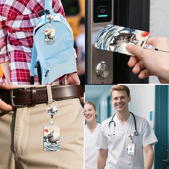 2 Pack Funny Surfing Cat ID Badge Holder with Heavy Duty Retractable Reel Keychain for WomenStudents,Teachers, Nurses, Office Use