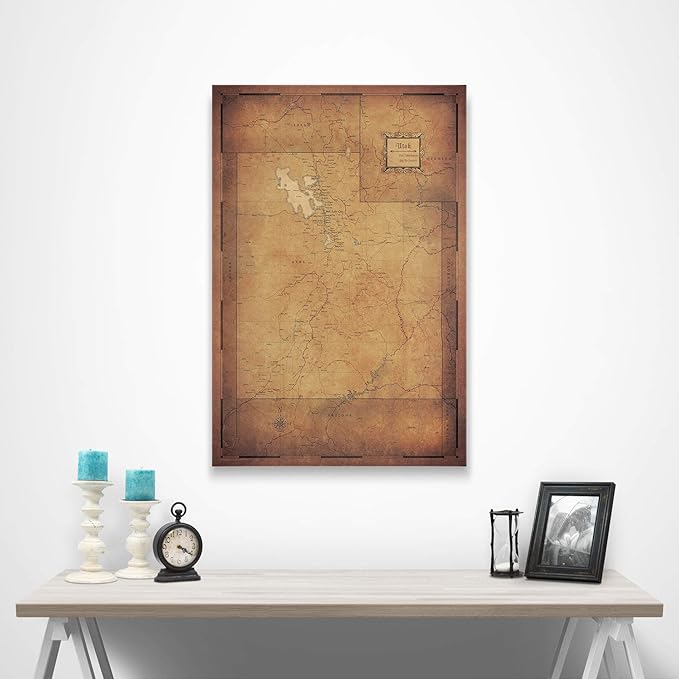 Conquest Maps Push Pin Utah Map Board - With Push Pins to Mark Utah Travels - Handmade in Ohio, USA - Design: Golden Aged