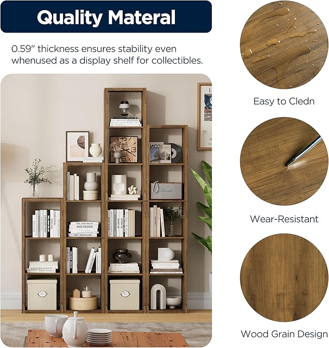 12-Cube Storage Organizer, Wooden Cube Shelf Bookcase with Reinforced Thick Shelves, Heavy-Duty 36.93" L x 9.37" W x 48.82" H, for Living Room Bedroom Home Office, Brown