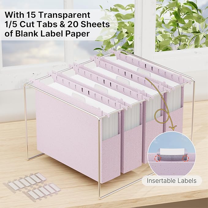 Letter Size Hanging File Folders with Tabs,2'' Expansion,12 Pack Heavy Duty Wheat Straw Plastic Hanging Folder,Extra Capacity Filing Cabinet Folders,File Organizer for File Box(Morandi Purple)