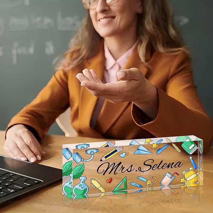 Personalized Name Plate for Desk, Custom Acrylic Desk Name Sign, Office Appreciation Gifts for Women Men Coworkers Boss Teacher Employee (Teacher)