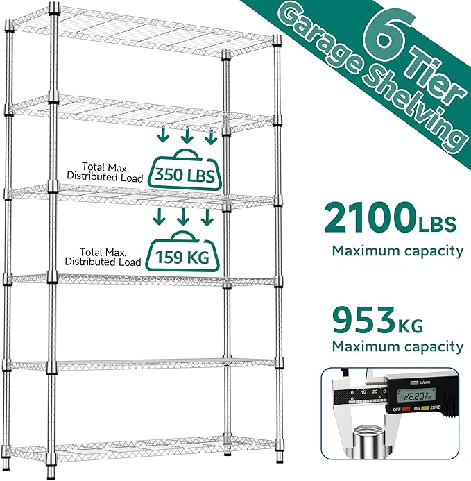 6 Tiers Shelf 2100 lbs Steel Storage Shelving Utility Shelving Unit Steel Organizer Wire Rack for Home,Kitchen,Office,Garage Chrome 17.7" D x 47.2" W x 82.4" H