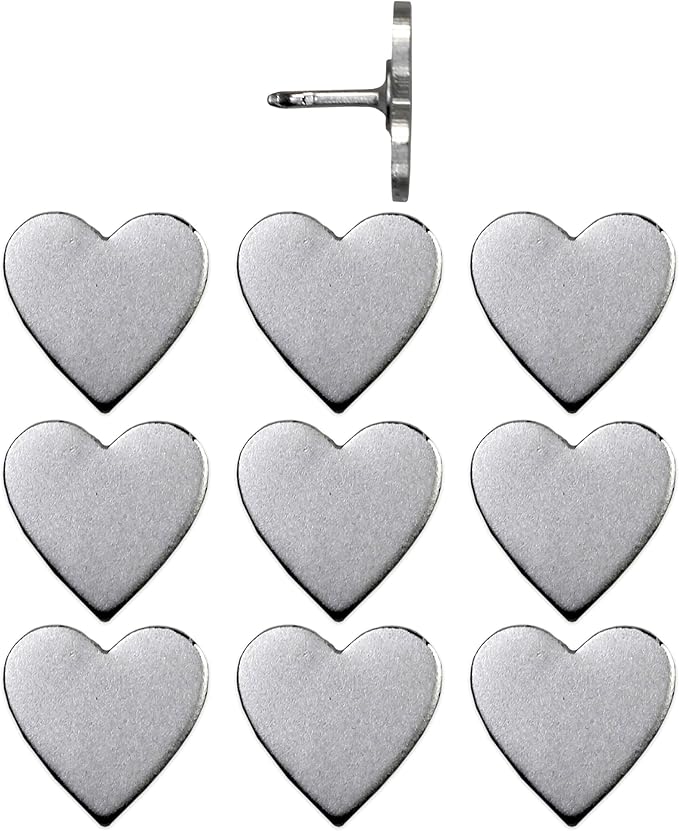 Big Silver Heart Push Pins - Large Silver Metal Heart Map Pins - for Cork Board, Maps, or Lapel Pin Use - Designed in USA - Set of 10