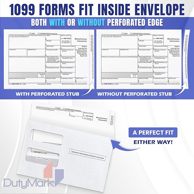 500 1099 MISC Tax Envelopes, Designed for 1099 income Misc, 1099-R, DIV, INT Tax Forms For Quickbooks or Tax Software, Double-Window Security Envelope 5 5/8 x 9, Gummed Seal, Box of 500 Envelopes