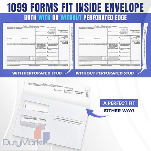 500 1099 MISC Tax Envelopes, Designed for 1099 income Misc, 1099-R, DIV, INT Tax Forms For Quickbooks or Tax Software, Double-Window Security Envelope 5 5/8 x 9, Gummed Seal, Box of 500 Envelopes