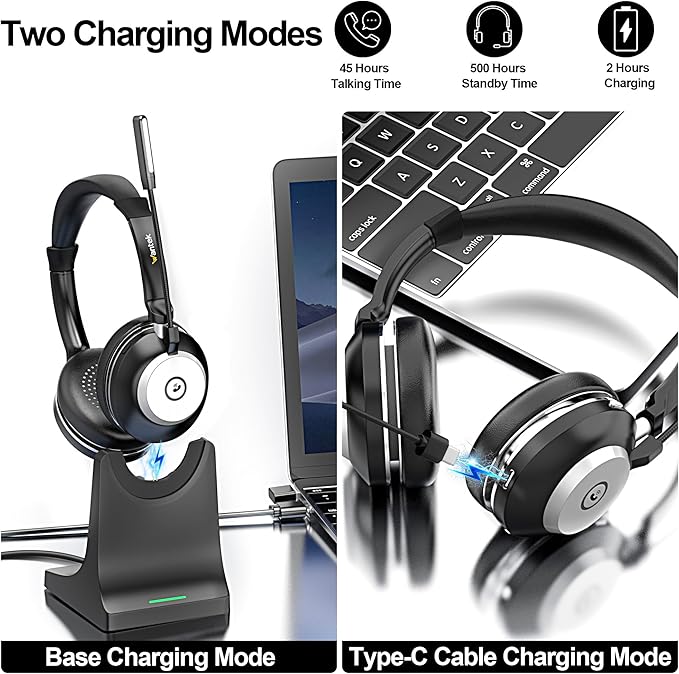 Wantek Wireless Headset with Microphone for Work,Bluetooth Headset with AI Noise Cancelling Mic,Mute Button,USB Dongle & Charging Base with Laptop,Computer,Cell Phone,Remote Work,Call Center