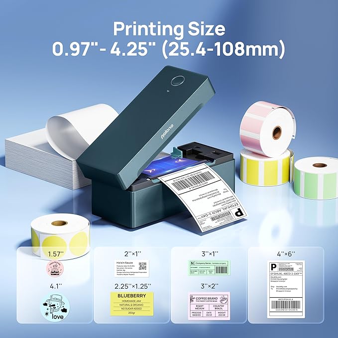 POLONO Bluetooth Thermal Shipping Label Printer, Wireless 4x6 Shipping Label Printer for Small Business, Support iOS, Android, Windows and Mac, Compatible with Amazon, Ebay, Shopify, Etsy, USPS(Cyan)