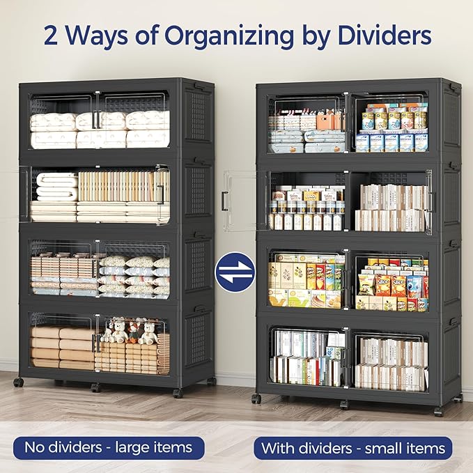 120GAL Storage Bins with Lid and Wheels, Stackable Closet Organizers and Storage Drawer, Collapsible Storage Box with Dividers, Foldable Plastic Cabinets for Room, Kitchen, 3 Pack Black