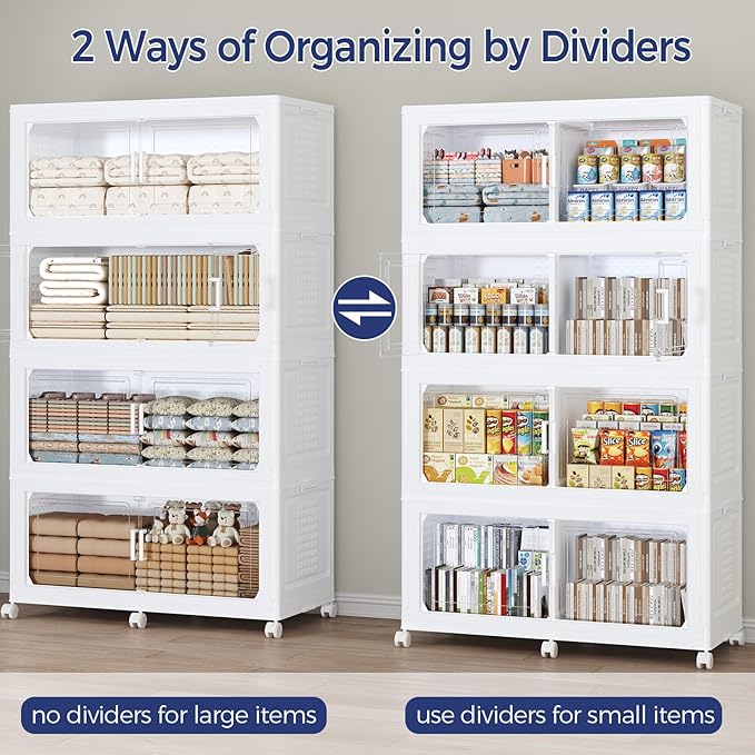 160GAL Storage Bins with Lid and Wheels, Stackable Closet Organizers and Storage Drawer, Collapsible Storage Box with Dividers, Foldable Plastic Cabinets for Room, Kitchen, 4 Pack White