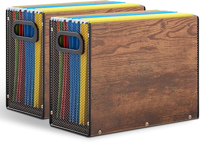 2 Packs Hanging File Folder Organizer Filing Box with Handles for Letter Size Folders Vintage File Organizer Holder for Desk Space-Saving Storage Bin for Office/Home, 12.2" x 5.3" x 9.8"