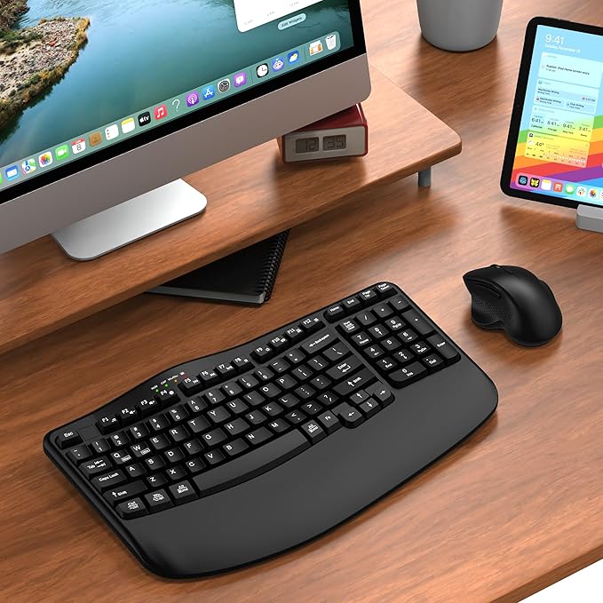 Wireless Keyboard and Mouse Combo, 2.4G Wave Keys Ergonomic Keyboard with Wrist Rest and 3 Level DPI Advanced Wireless Ergonomic Mouse, Natural Typing for Windows, Mac OS Desktop