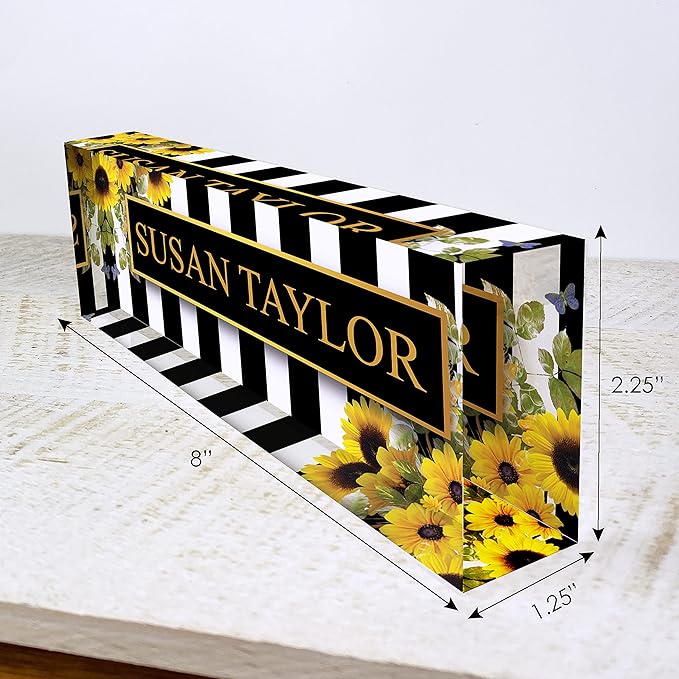 Artblox Office Desk Name Plate Personalized | Custom Name Plates on Acrylic Glass Decor | Office Desk Decor - Sunflowers Design - (8"x2.5")