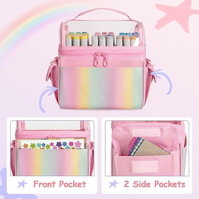 Marker Organizer Case for up to 72 Markers, Marker Storage Bag with Detachable Divider and 3 Extra Pockets, PVC Top Easy Find Your Need, Handle and Shoulder Strap, Pink (Case Only)