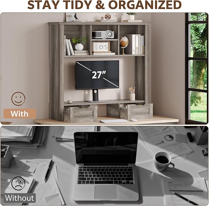 Desktop Bookshelf with Computer Monitor Stand, 37.4''W Desk Shelf Display Rack, Desktop Organizer Storage Rack with 4 Cubbies and 2 Drawers, 5-Tier Desk Hutch for Home, Office, Dorm, Vanity