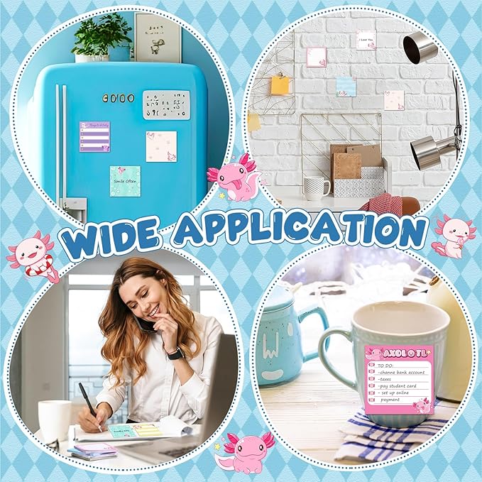 9 Pads Axolotl Sticky Notes 3x3 Inch Cute Self Stick Notepads Notes Adhesive Memo Pad Office Decor Gifts for Students School Teacher Meeting Office Supplies