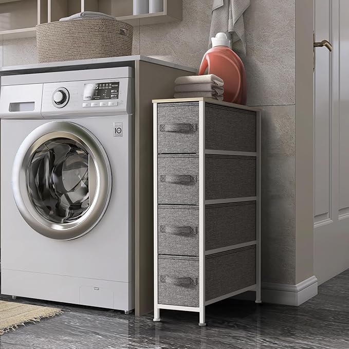 Sorbus Narrow Dresser with 4 Drawers - Vertical Slim Storage Chest of Drawers with Steel Frame, Wood Top & Easy Pull Fabric Bins for Small Spaces, Closets, Bedroom, Bathroom & Laundry (Beige)