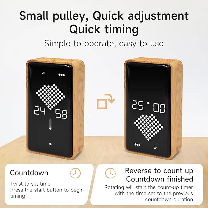 Digital Hourglass Timer, Rechargeable Magnetic Visual Timer with Large LED Display, Adjustable Volume for Classroom, Cooking, Fitness, Baking, Kids Learning & Teaching (Wood Grain Design)