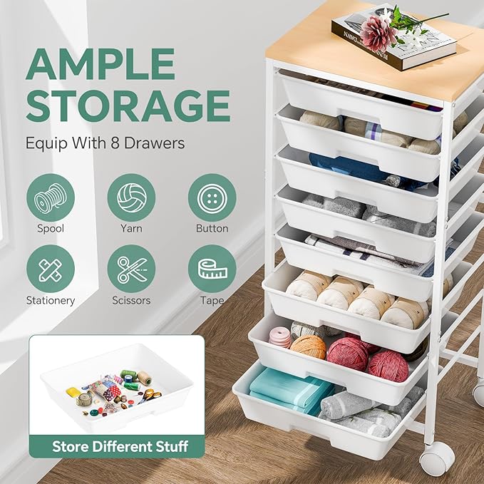 Rolling Cart with 8 Drawers, Art Cart with Large Storage Drawers and Thick Wooden Tabletop, Utility Craft Cart for Living Room, Office, Classroom, Craft Room, Bedroom, Dorm, White