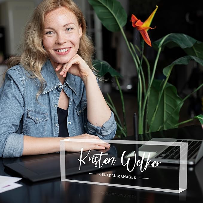 Personalized Acrylic Desk Name Plates, Custom Office Gifts & Decor, 2.5" Tall x 0.59"-1.18" Thick, Transparent, Portrait Orientation, Tabletop Mount