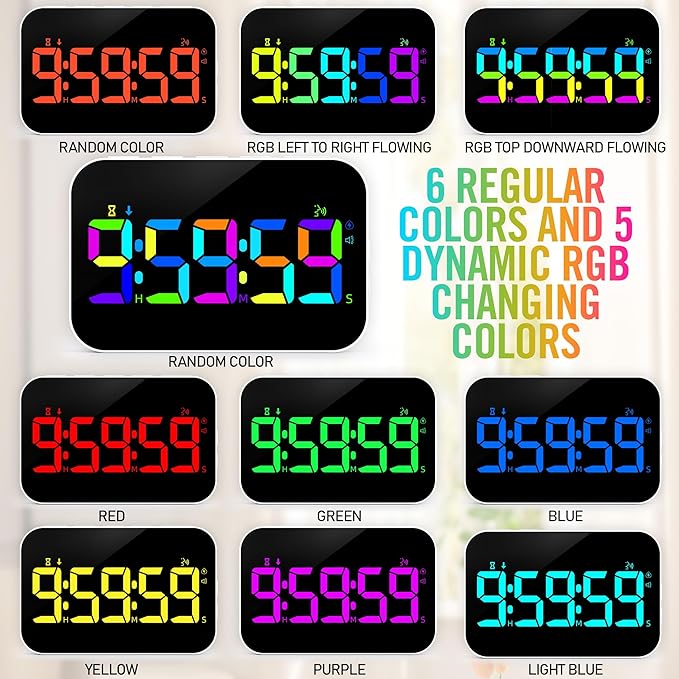 TXL Kitchen Timer for Cooking, Rechargeable Digital Magnetic Timer with Large LED Display, Loud Alarm, Sound Countdown, 4 Volume Levels and 3 Brightness for Classroom, Study (RGB)