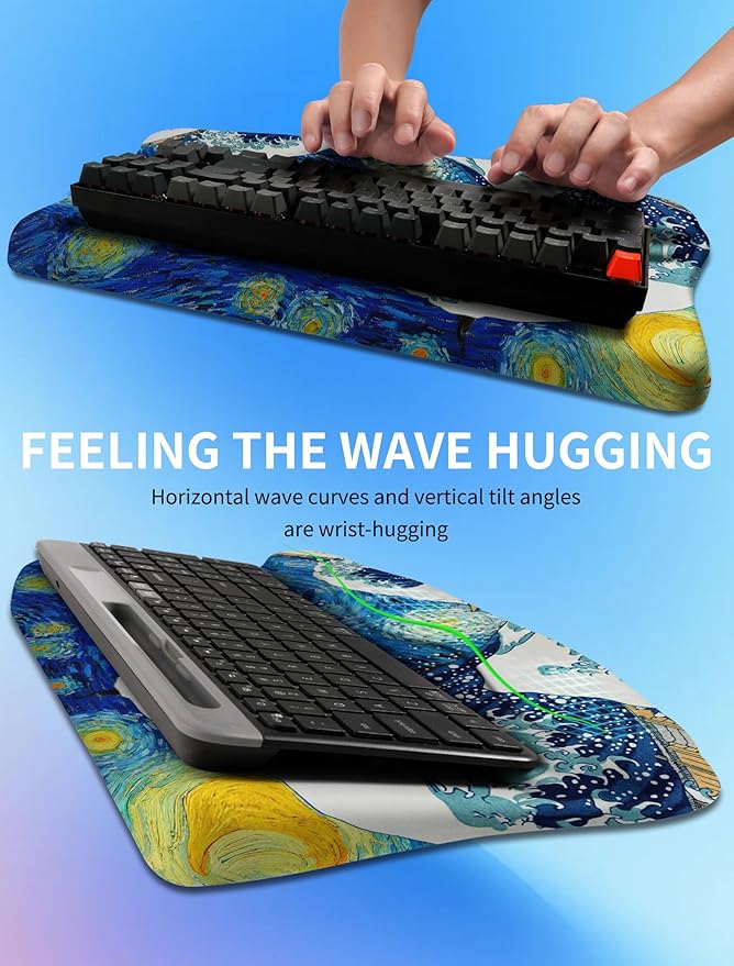Ergonomic Wave Wrist Rest with Keyboard Stand, Cushioned Palm Rest, Comfortable Integrated Memory Foam for Natural Typing and Relieve Wrist Pain, Starry Night Waves