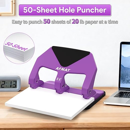 AFMAT Heavy Duty 3 Hole Punch, 50-Sheet Capacity, 50% Reduced Effort Three Hole Puncher for Binder, 10K+ Uses, Large Chip Tray, Adjustable Paper Guide, Office Metal Paper Puncher 3 Ring HP20(Purple)