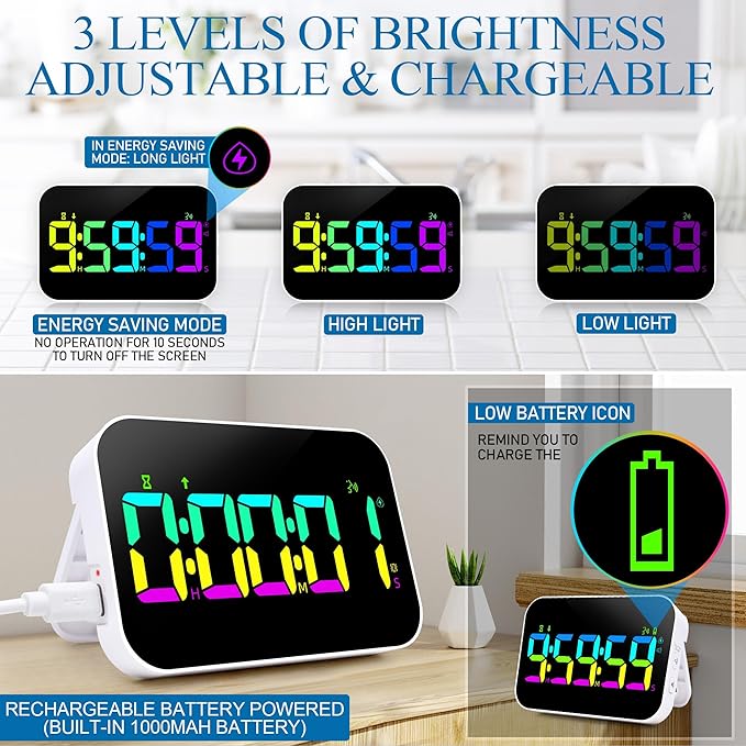 Kitchen LED Digital Timer Rechargeable, RGB Count Down Up Digital Timer with Vioce Reminder for Kitchen Classroom Cooking Study, Vibration Mode 3 Level Adjustable Volume and Brightness