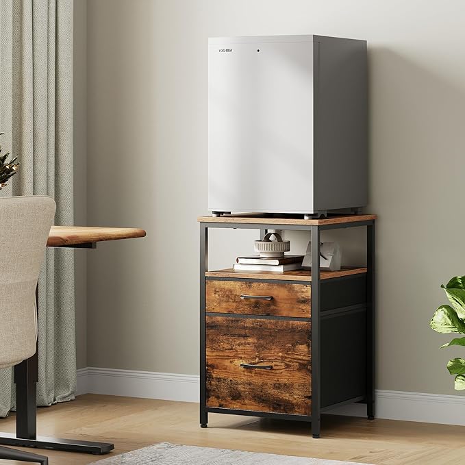 Mini Fridge Stand with 3 Storage, Mini Fridge Cabinet, Beverage Fridge Table, Heavy Duty 18.11" L* 18.11" W Tabletop, for Dorm, Apartment,Office, Bedroom Rustic Brown HB03BXN