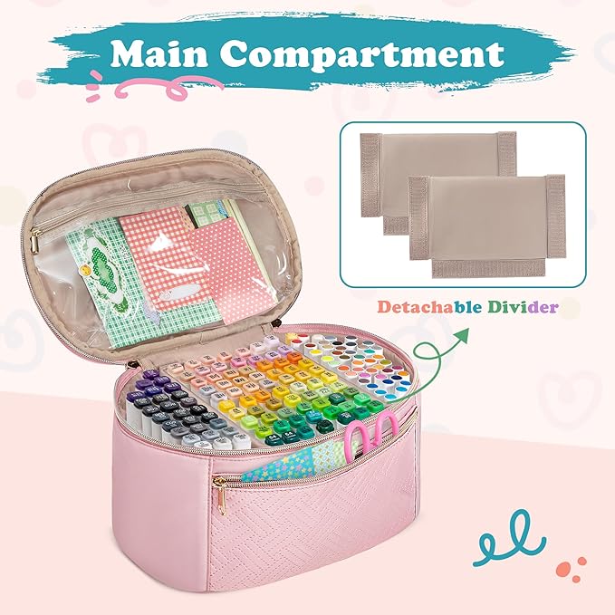 Fasrom Marker Organizer Case for 120 Markers, Art Marker Storage Bag with Handle and Detachable Dividers, Travel Marker Holder for Alcohol Markers, Brush Pens and Craft Supplies, Pink(Bag Only)