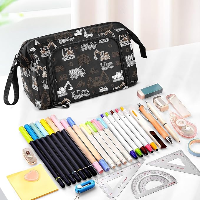 Trcuk Black Pencil Case Pouch Big Capacity Pencil Bag Box Organizer Pen Case with Compartmens Stationery Organizer for Girls Boys Women School College Office