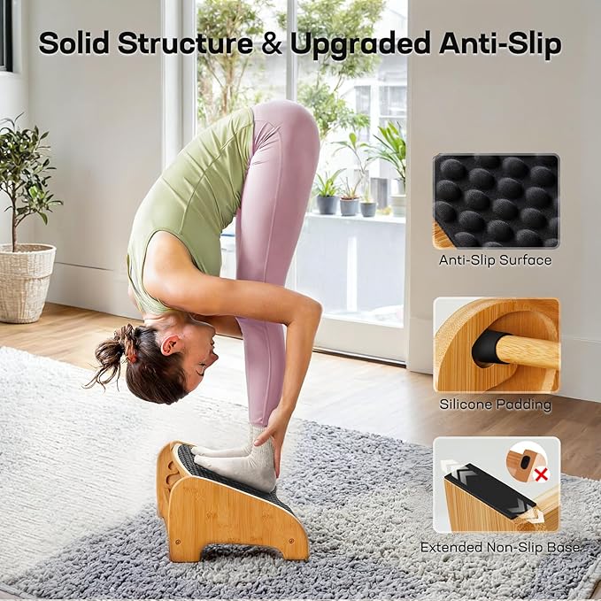 HUANUO Bamboo Under Desk Footrest, Ergonomic Foot Rest with 4 Height Options & Adjustable Angles, Pebble Massage Surface, Non-Slip Foot Rest for Under Desk at Work for Improved Posture, Home & Office