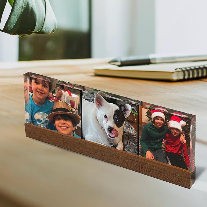 Artblox Personalized Office Desk Name Plate Custom Photo Prints On Acrylic Glass with Teak Wood Stand Turn Your Photos into Stunning Family Christmas Customized Gifts Desk Décor (10"x3")